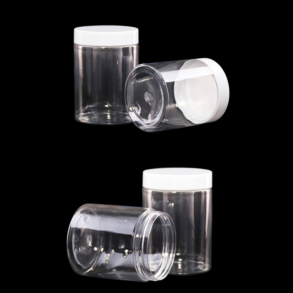Free Sample Cookies Containers with PP Smooth Lid Round Candy Jar with Black Cap,Food Storage PET Plastic Jar