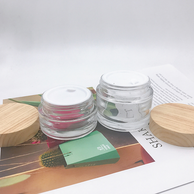 Free Sample Luxury Empty Clear Glass Jar With Bamboo Lid 5g 15g 30g 50g 100g
