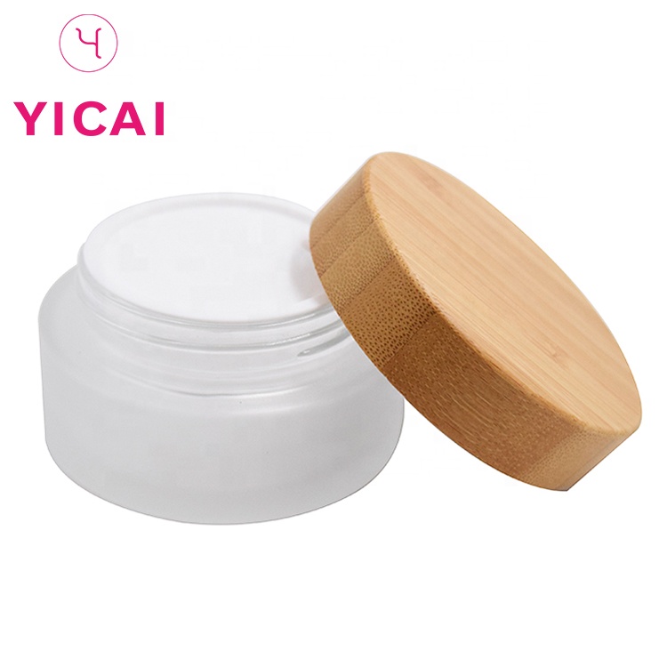 Free Sample Wholesale 5g 15g 30g 50g 100g Eco Cosmetic Containers Matte Beauty Gel Jar Frosted Glass Cream Jar With Bamboo Lid