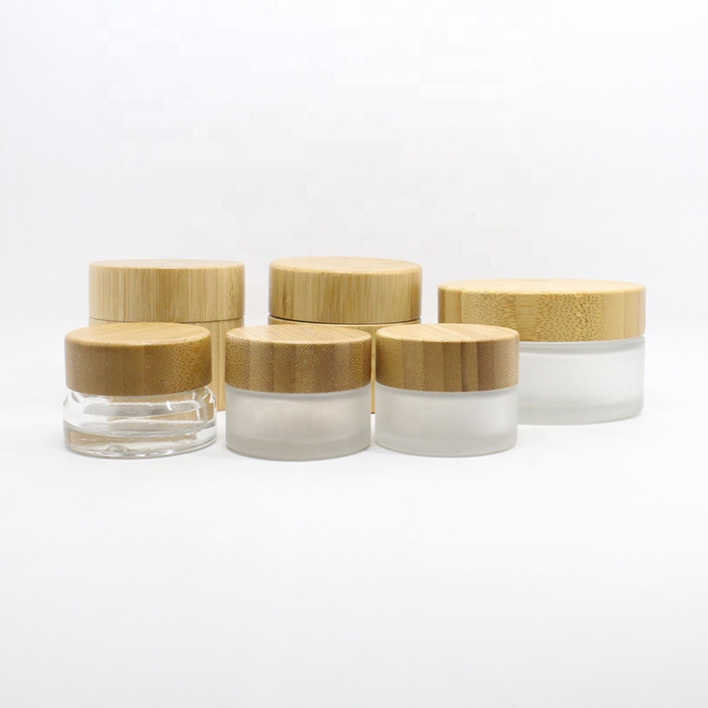 Free Sample Wholesale 5g 15g 30g 50g 100g Eco Cosmetic Containers Matte Beauty Gel Jar Frosted Glass Cream Jar With Bamboo
