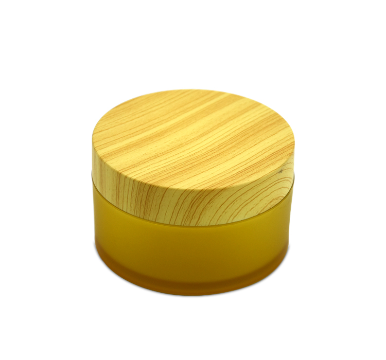 Free Sample Yellow PET Plastic Body Scrub Face Cream Packaging Jar with Water Transfer Wooden Screw Cap