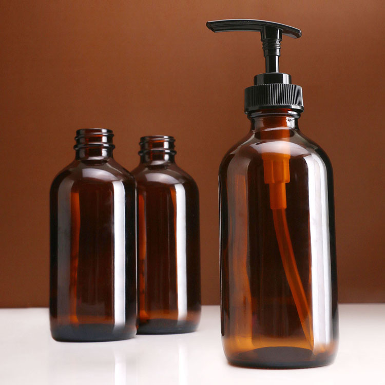Free Samples 1/2 Oz 1Oz 2Oz 4Oz 16 Oz Amber Boston Glass Bottle With Black Screw Cap Spray Cap For E Liquid Essential Oil