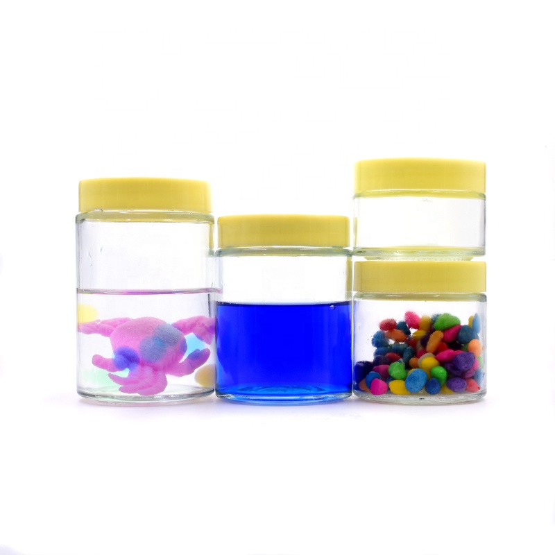 Free sample 120ml 180ml clear round flower cosmetic packaging weed jar candle jar glass jar and bottle with yellow plastic lid