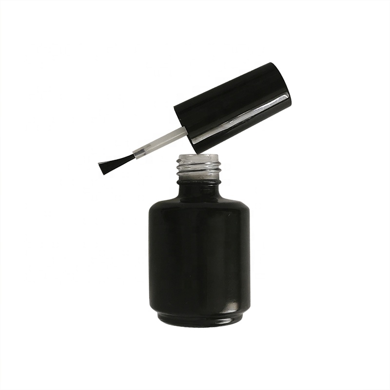 Free sample 15ml round shaped matte black opaque UV gel cosmetic glass nail polish bottle with brush black lid