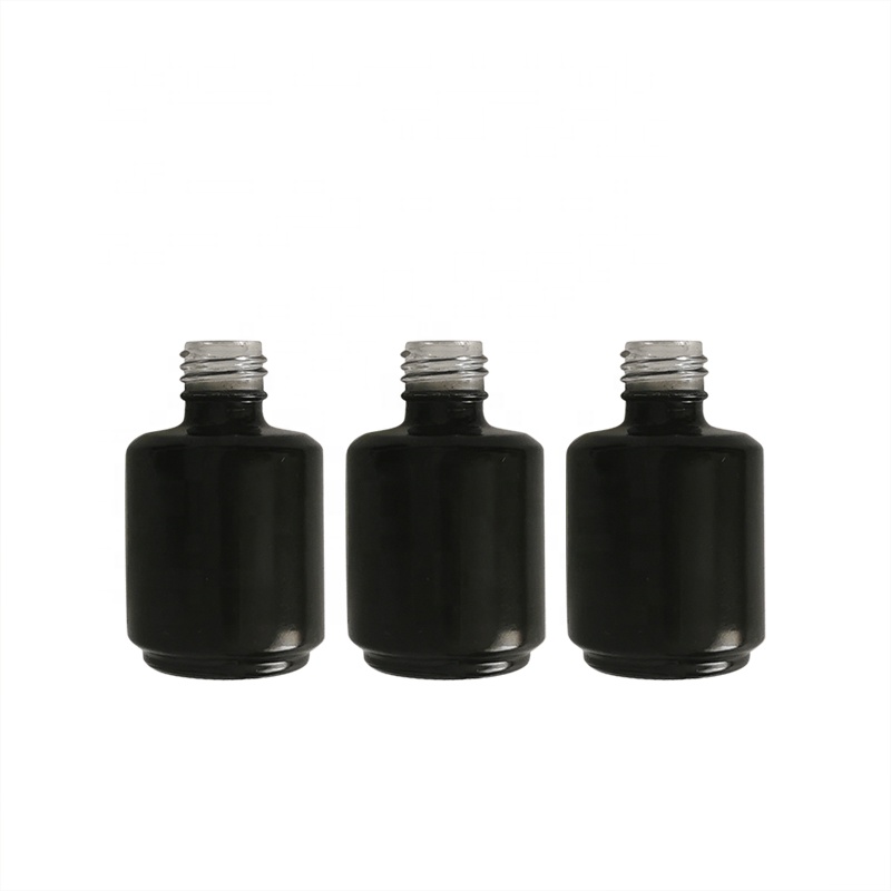 Free sample 15ml round shaped matte black opaque UV gel cosmetic glass nail polish bottle with brush black lid