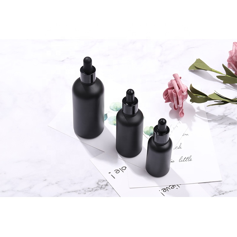 Free sample 50ml 100ml frosted matte black glass frosted empty essential oil bottle with with black dropper