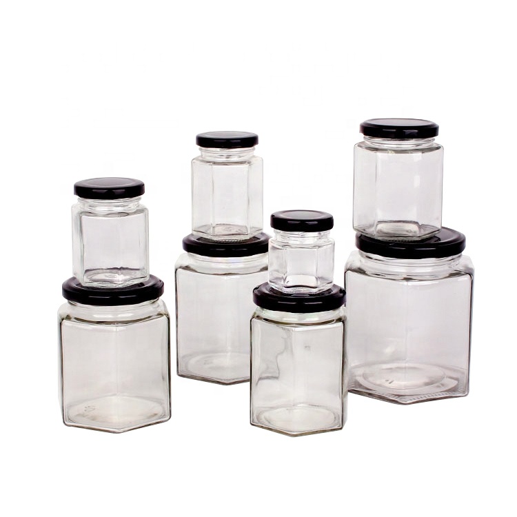 Free sample 50ml 180ml 380ml 500ml hexagonal glass honey jars with lids