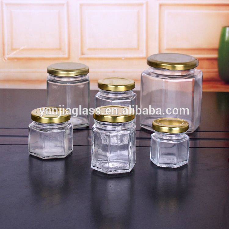 Free sample 50ml 180ml 380ml 500ml hexagonal glass honey jars with lids