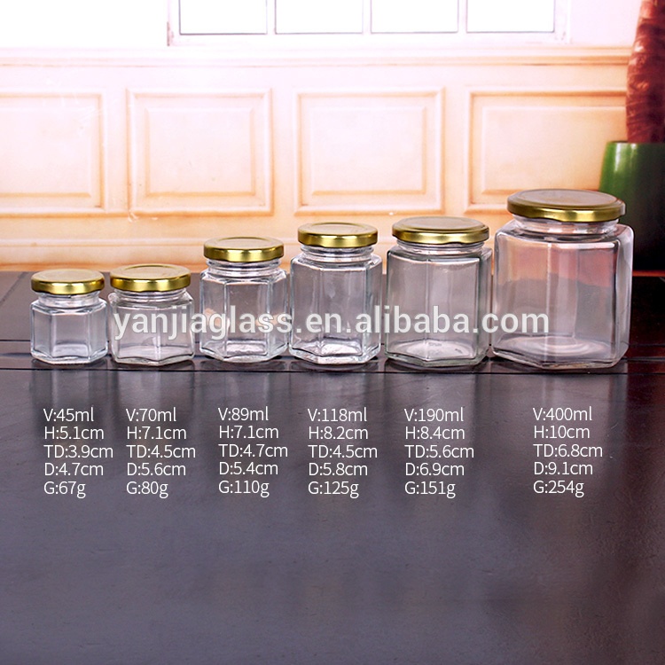 Free sample 50ml 180ml 380ml 500ml hexagonal glass honey jars with lids