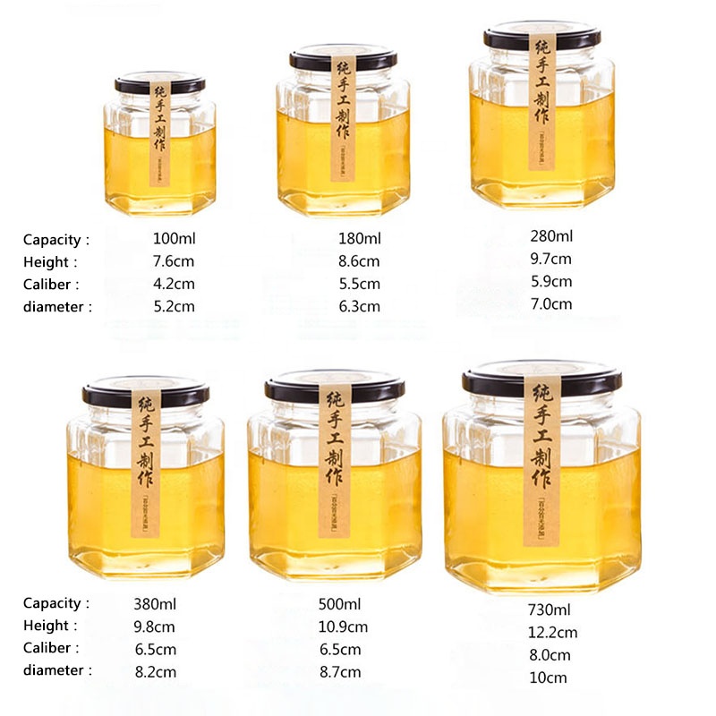 Free sample cheap hexagon honey jars, hexagon glass jar 50ml 180ml 380ml 500ml with black lids food jar