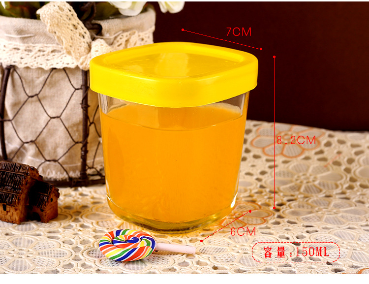 Free sample clear square pudding jar 150ml glass pudding bottle with plastic lid