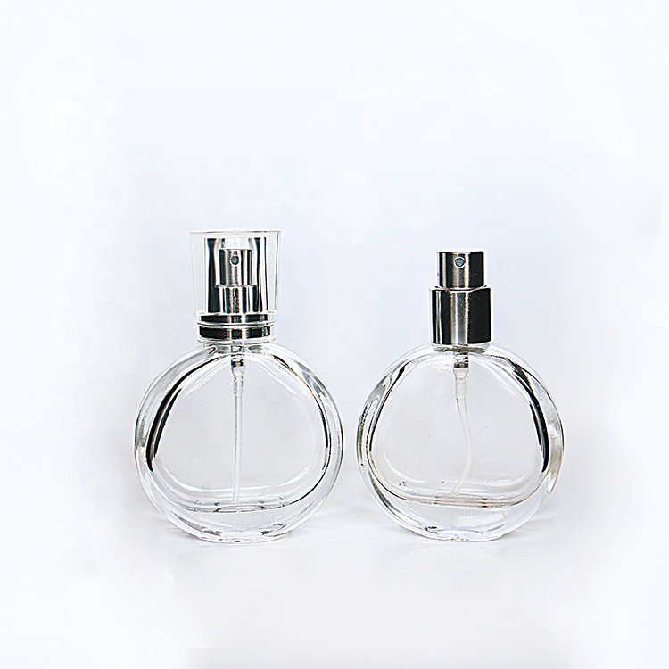 Free sample luxury 30ml 50ml flat empty perfume glass bottles with spray pump wholesale