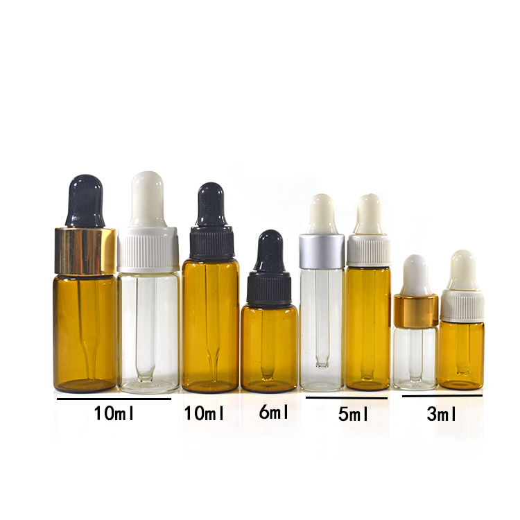 Free sample mini small vial essential oil empty 1ml 2ml 3ml 5ml clear amber glass dropper bottle