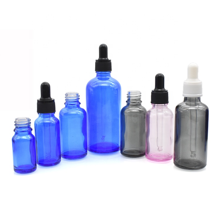 Free sample printed glass bottle pink blue black 30ml dropper glass essential oil bottle 50ml 100ml 15ml 10ml with plastic lids