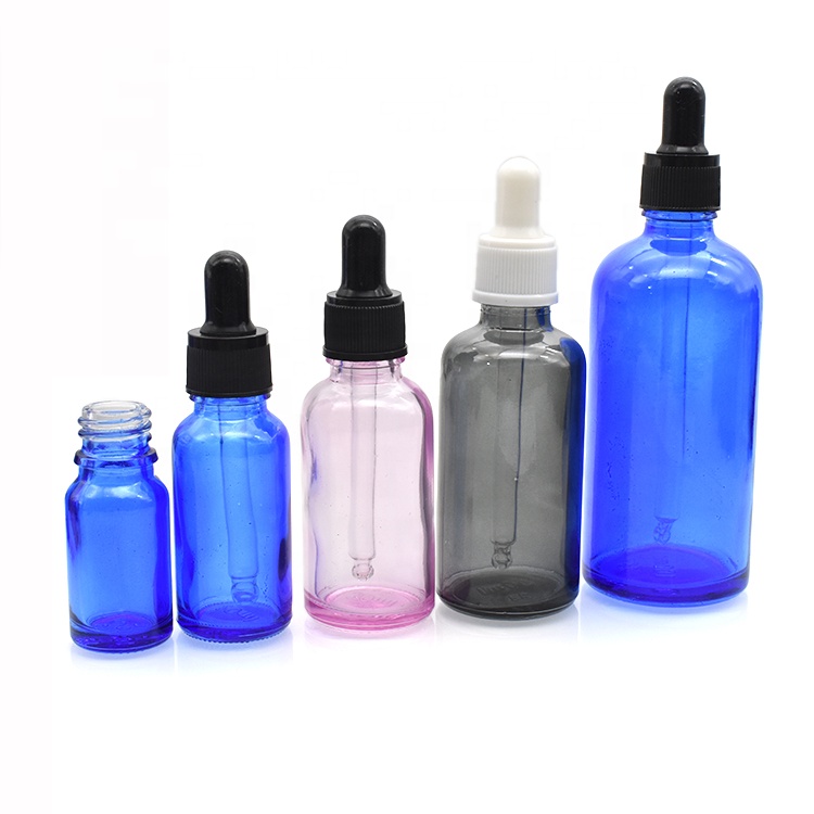 Free sample printed glass bottle pink blue black 30ml dropper glass essential oil bottle 50ml 100ml 15ml 10ml with plastic lids