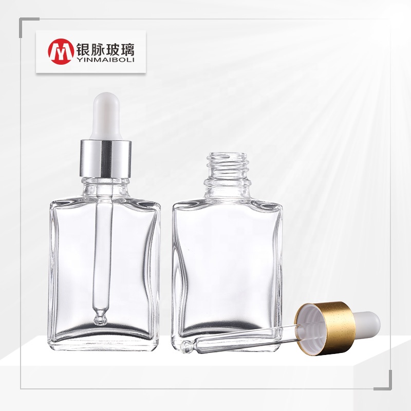 Free sample rectangle shape 30ml serum gradient transparent glass dropper bottle for essential oils