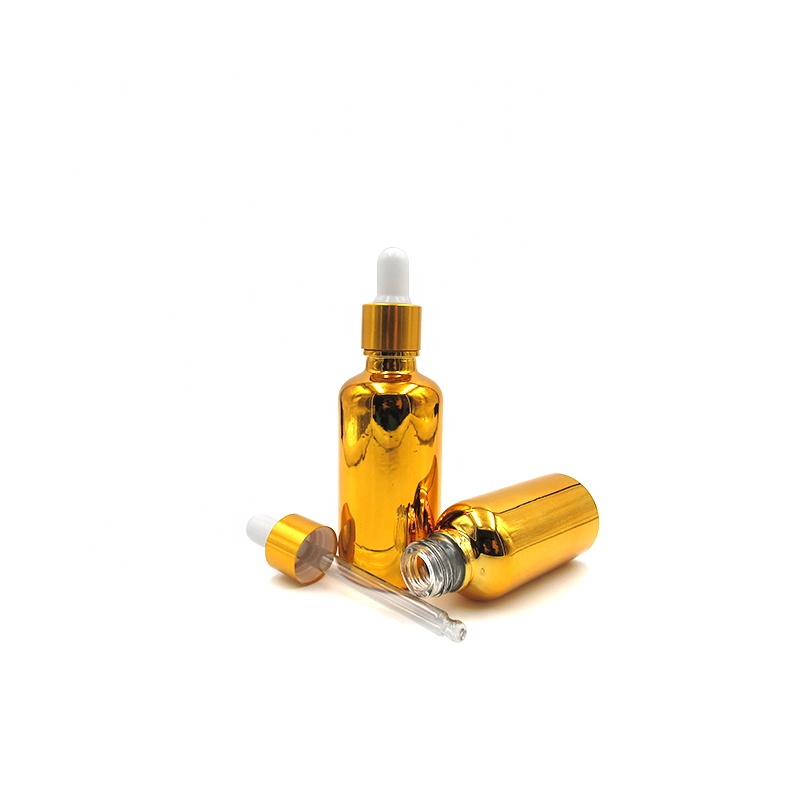 Free sample stock 5ml 10ml 15ml 20ml 30ml 50ml 100ml dropper plated gold glass cosmetic bottle with graduated glass pipette