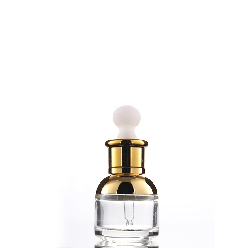 Free sample! stock gold plated shoulder glass dropper bottle 20ml 30ml for cosmetic oil e-liquid packing