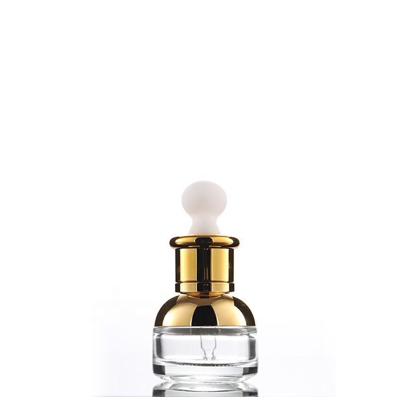Free sample! stock gold plated shoulder glass dropper bottle 20ml 30ml for cosmetic oil e-liquid packing