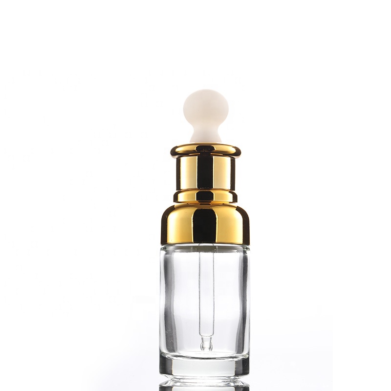 Free sample! stock gold plated shoulder glass dropper bottle 20ml 30ml for cosmetic oil e-liquid packing