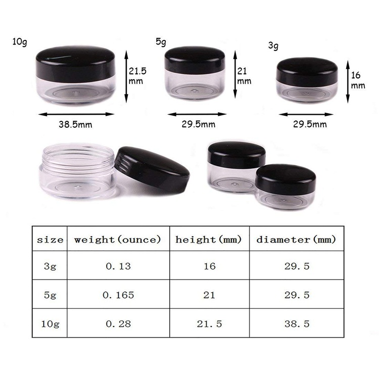 Free sample travel size black vials containers 3g 5g small jar plastic