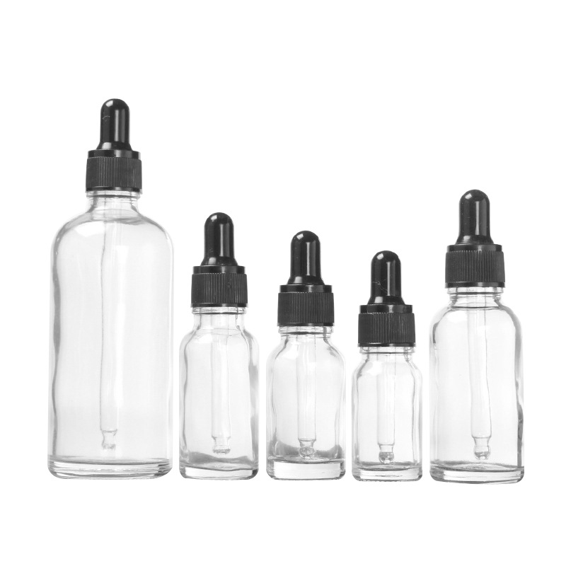 Free samples 5/10/15/20/30/50/100ml clear round glass essential oil dropper bottle with childproof cap