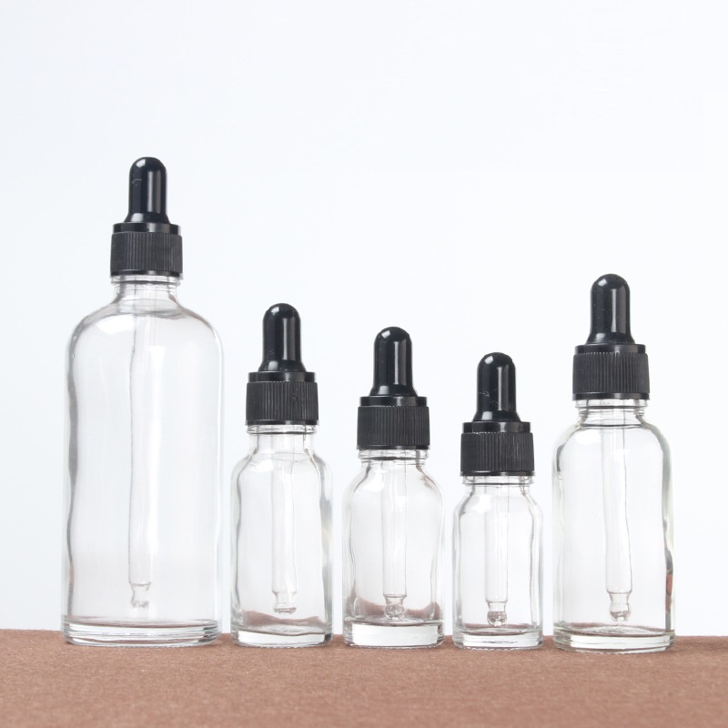 Free samples 5/10/15/20/30/50/100ml clear round glass essential oil dropper bottle with childproof cap