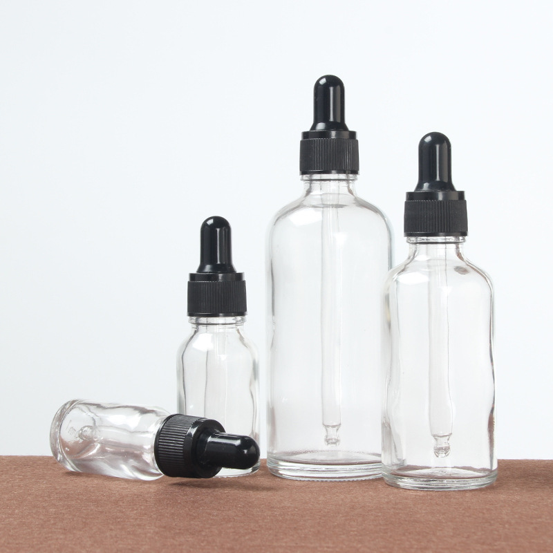 Free samples 5/10/15/20/30/50/100ml clear round glass essential oil dropper bottle with childproof cap