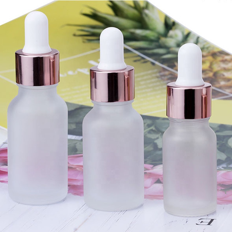 Free samples 5ml 10ml 15ml 20ml 30ml 50ml 100ml frosted clear glass essential oil dropper bottle with rose gold lid