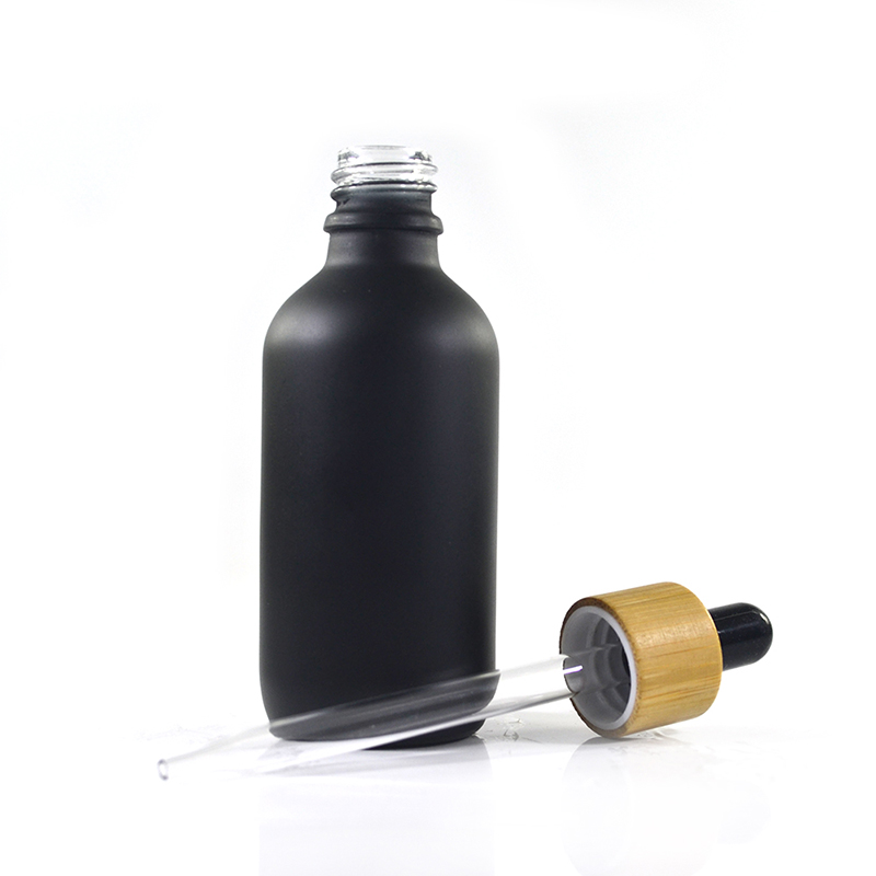 Free samples low MOQ Essential oil e liquid 30ml Luxury bamboo lid black matte glass dropper bottle