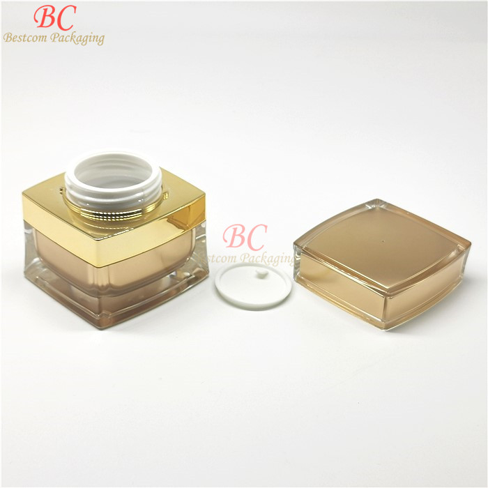 Free shipping empty square side scrap acrylic plastic cream container set 15g 30g 50g shiny gold elegant square cosmetic jars