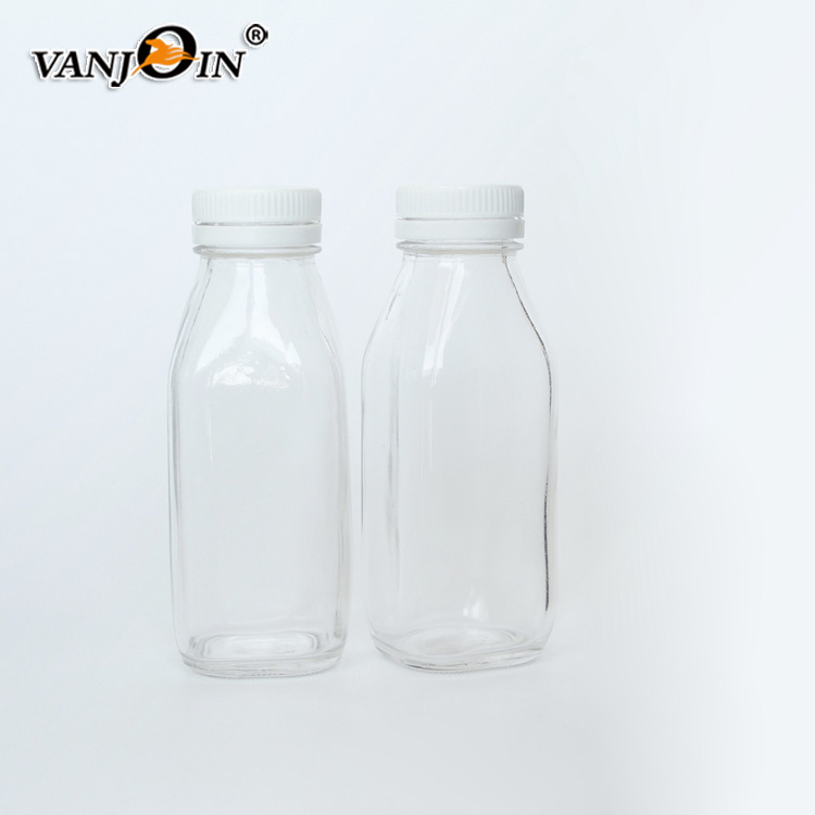 French Square 10oz /300 ml Clear Glass Drink Bottles With Anti-thef Lid For Storing Juices/ Smoothies/Beverages/Kombucha