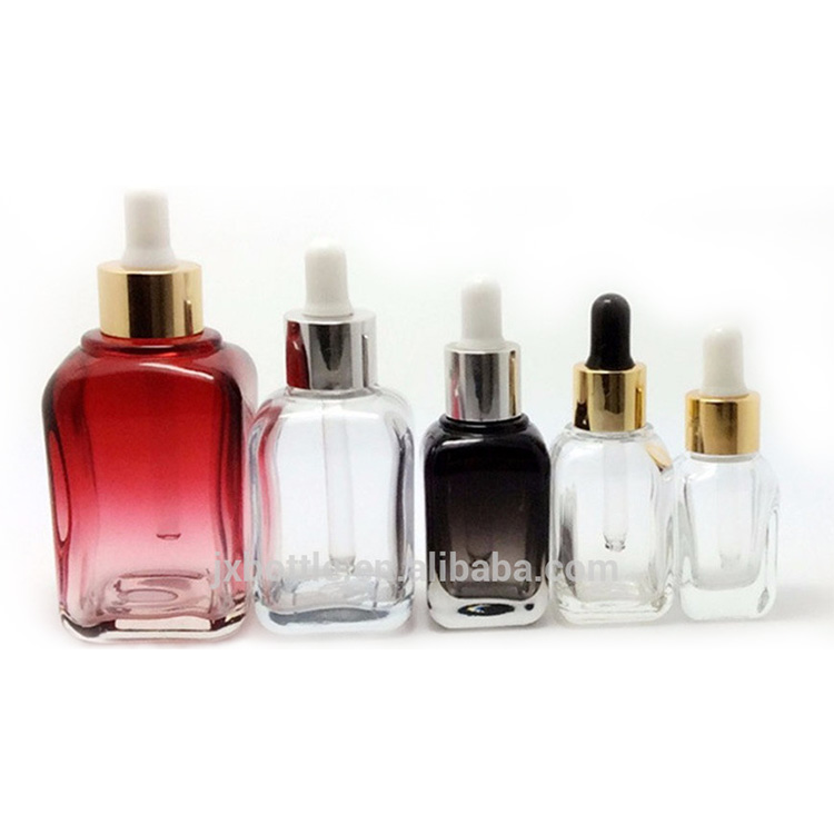 French Square Glass Cosmetic Serum Dropper Bottle 15ml 20ml 40ml Glass Bottle With Silver Gold Rubber & Press Button Dropper