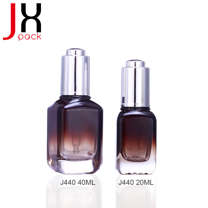 French Square Glass Cosmetic Serum Dropper Bottle 15ml 20ml 40ml Glass Bottle With Silver Gold Rubber & Press Button Dropper
