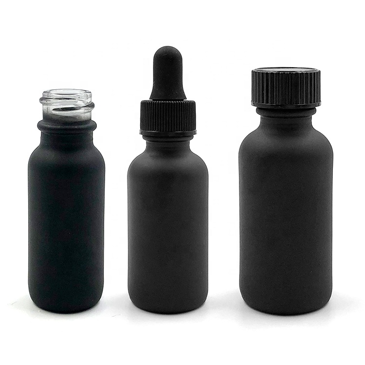 Frost black 30ml 1oz essential oil glass boston round dropper bottle with 20/400 black cap