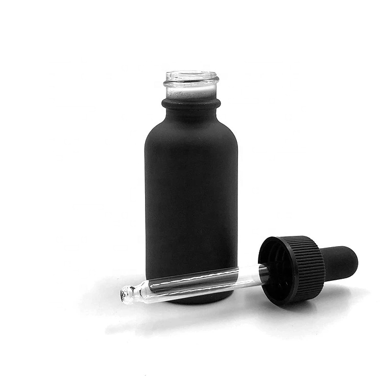 Frost black 30ml 1oz essential oil glass boston round dropper bottle with 20/400 black cap