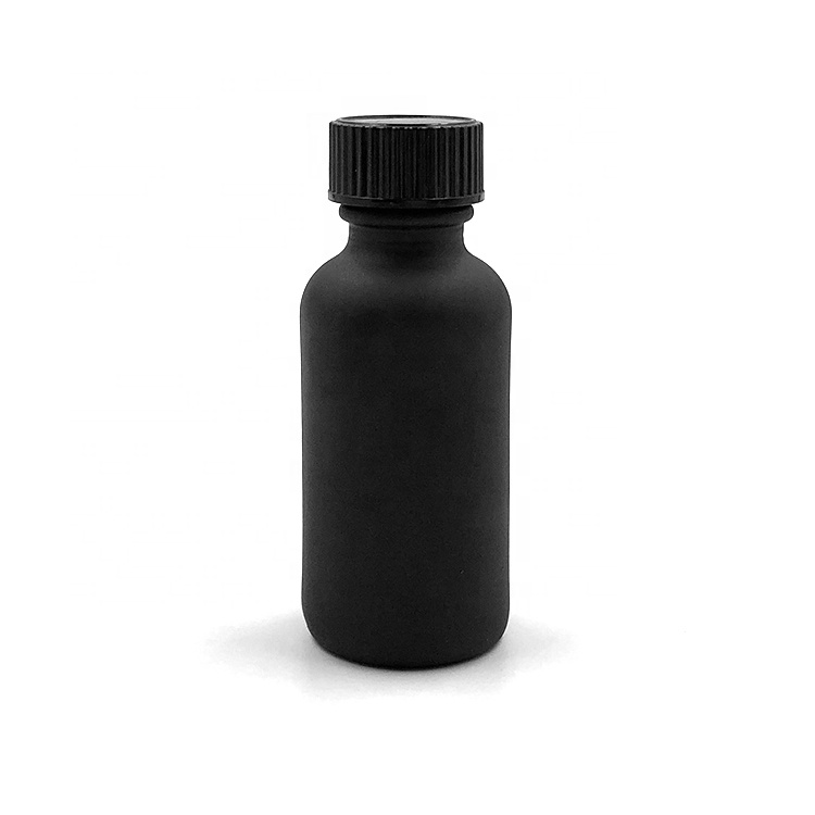Frost black 30ml 1oz essential oil glass boston round dropper bottle with 20/400 black cap