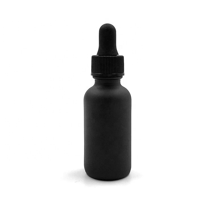 Frost black 30ml 1oz essential oil glass boston round dropper bottle with 20/400 black cap