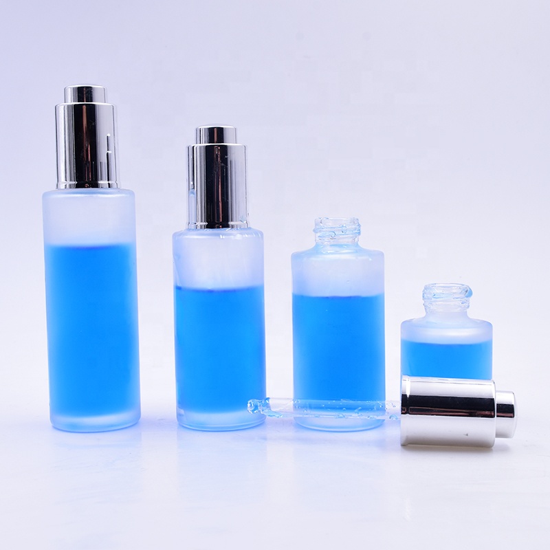 Frosted 100 ml clear frosted flat shoulder glass bottle essential oil perfume cosmetic packing with press dropper