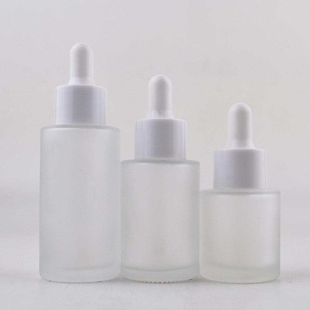 Frosted Clear Amber 20ml 30ml 40ml Round Flat Shoulder Glass Dropper Bottle With White cap