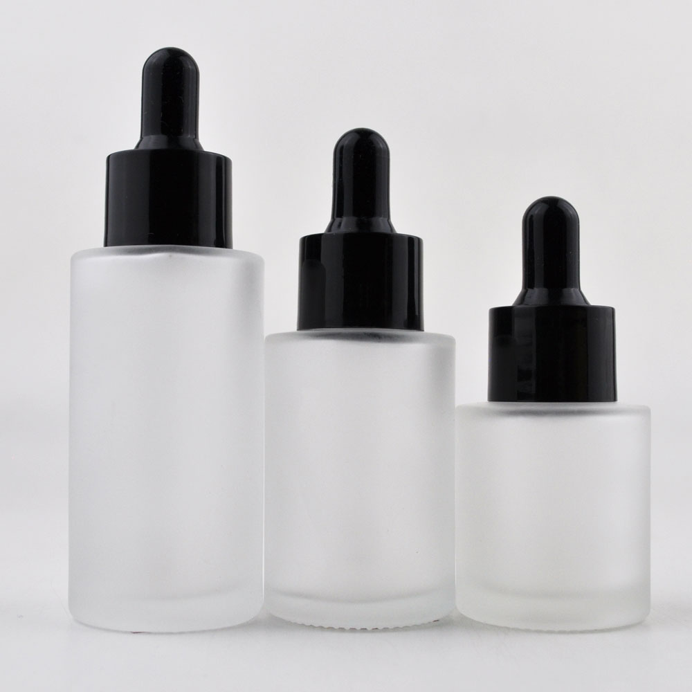 Frosted Clear Amber 20ml 30ml 40ml Round Flat Shoulder Glass Dropper Bottle With White cap