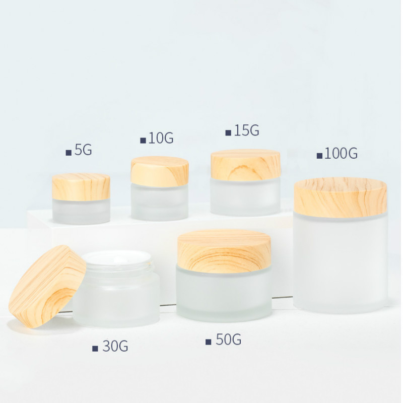 Frosted Clear Glass Cream Jar with Wooden Color Lid 5g 10g 15g 30g 50g 100g Cosmetic Jars