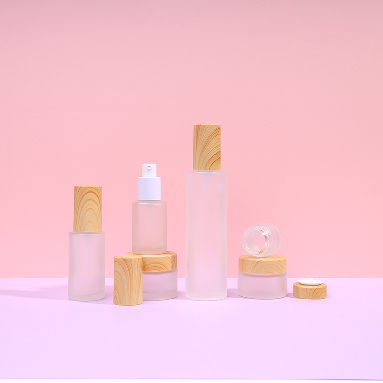 Frosted Cosmetic Use Face Skin Care Cream Glass Jar Eye Gel Packaging With Wood Grain Lid Water Transfer Printing