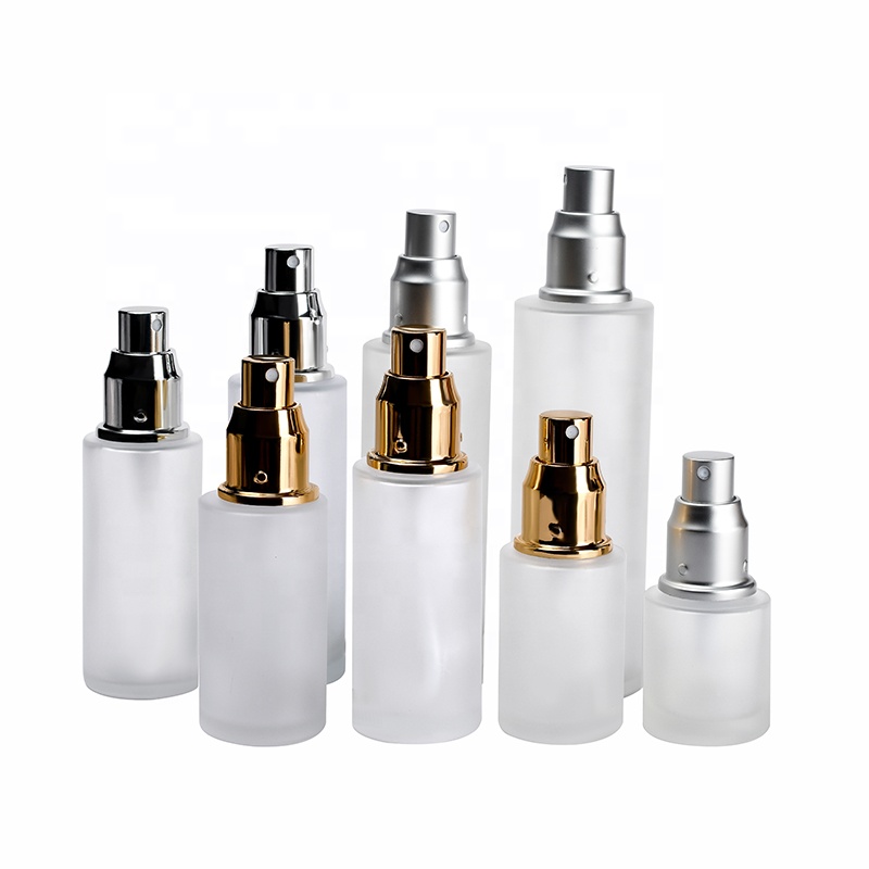 Frosted Essential Oil Bottles Lotion Pump Cover 20ml 30ml 40ml 50ml 60ml 80ml 100ml 120ml Clear Glass Bottle with Pump Spray
