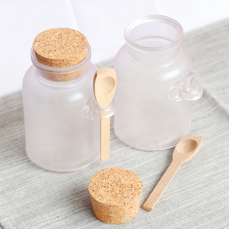 Frosted Glass Jar With Cork Lid & Wooden Spoon Bath Salt Jars Jar