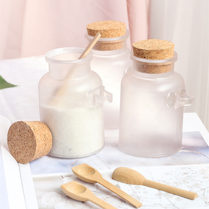 Frosted Glass Jar With Cork Lid & Wooden Spoon Bath Salt Jars Jar