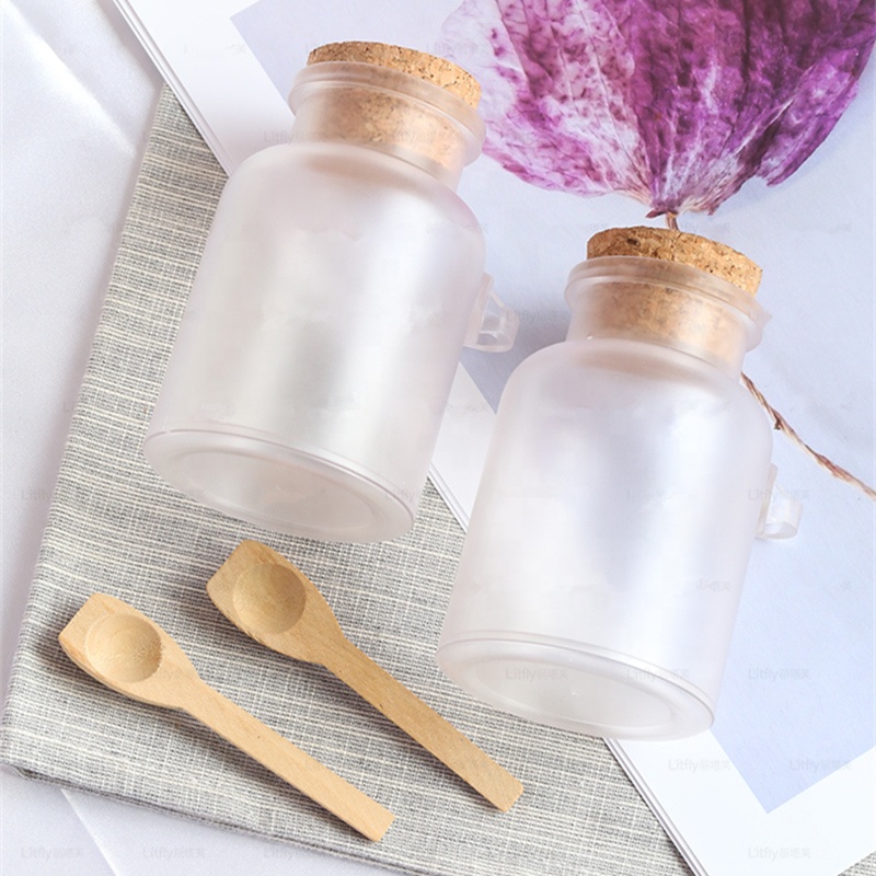 Frosted Glass Jar With Cork Lid & Wooden Spoon Bath Salt Jars Jar
