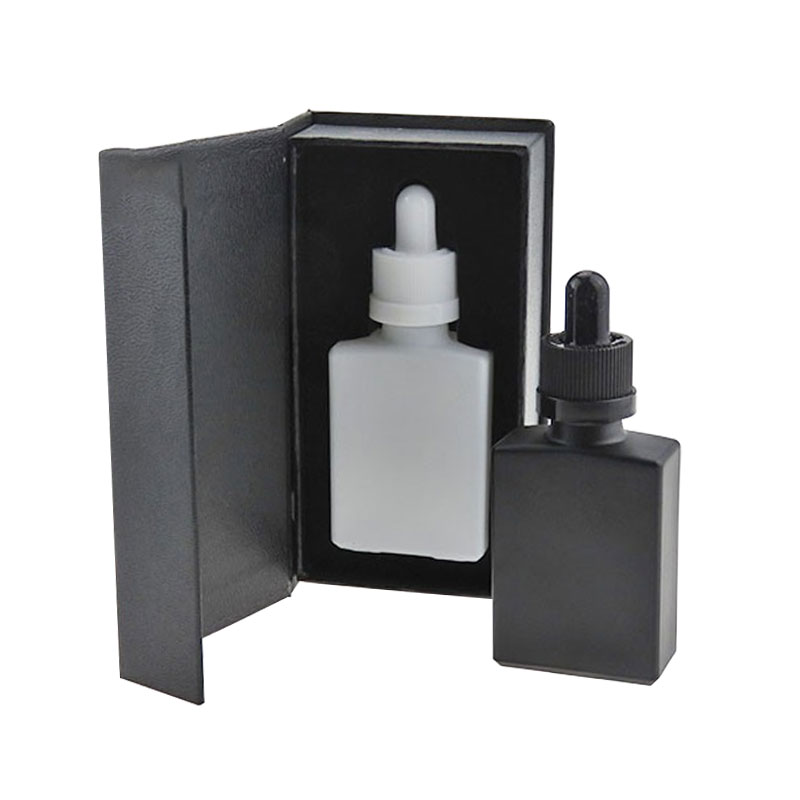Frosted Glass Rectangle Black White 30Ml Beard Oil Essential Oil Square Matte Glass Dropper Bottle With Bamboo Childproof Cap