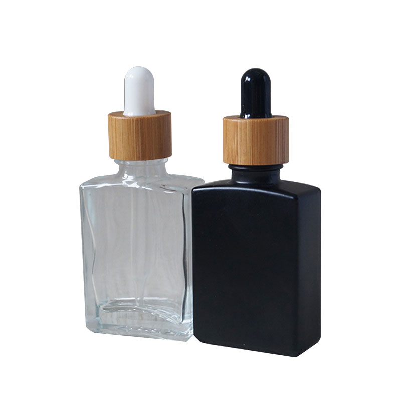 Frosted Glass Rectangle Black White 30Ml Beard Oil Essential Oil Square Matte Glass Dropper Bottle With Bamboo Childproof Cap