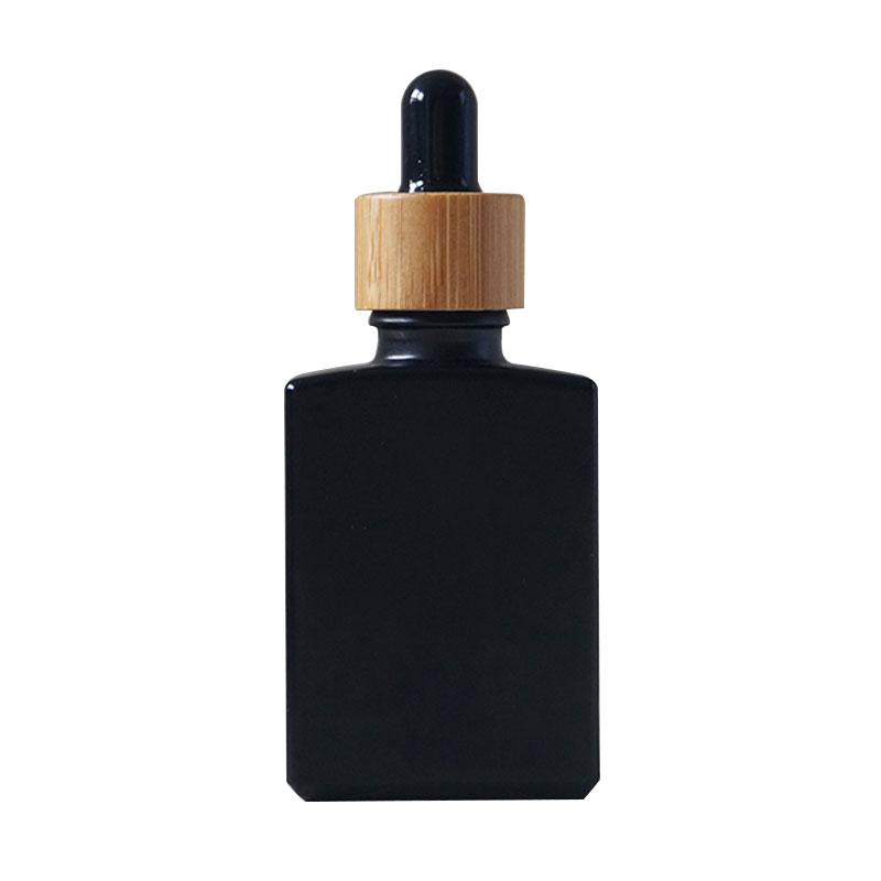 Frosted Glass Rectangle Black White 30Ml Beard Oil Essential Oil Square Matte Glass Dropper Bottle With Bamboo Childproof Cap